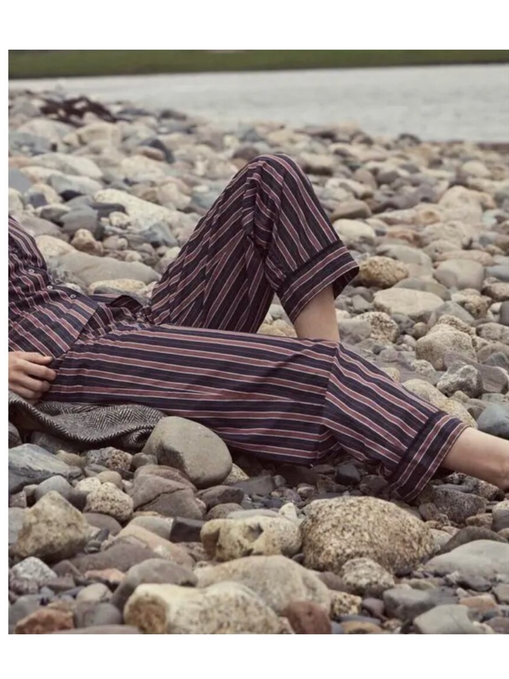 DÔEN Hudson Stripe Cotton Poplin Pants XS Brown Navy Stripe Pull-On